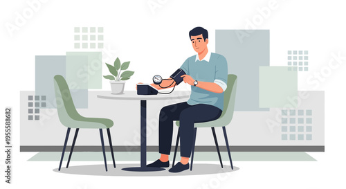 Man checks blood pressure at home, health monitoring, self-care, modern lifestyle