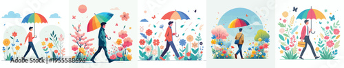 vector man walking with umbrella in spring