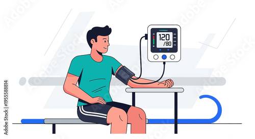 Man checks blood pressure with digital monitor, healthcare concept illustration