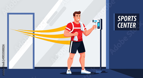 Man checks temperature at sports center entrance with infrared thermometer, health screening