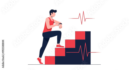 Man climbing stairs with heart rate monitor, fitness and health concept