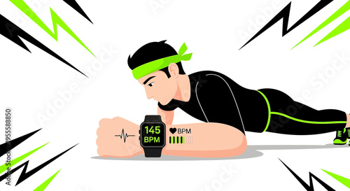 Man doing plank exercise with smartwatch showing heart rate and battery, fitness concept