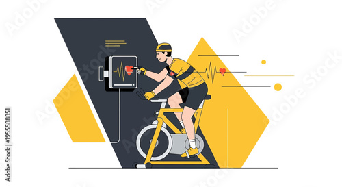 Man cycling on stationary bike with heart rate monitor and ECG graph, fitness technology