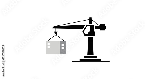 Construction crane icon lifting a building component in monochrome style for design purposes