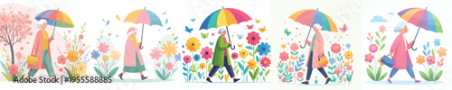 vector grandmother walking with umbrella in spring