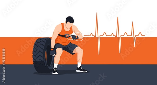 Man doing tire flip workout with heart rate monitor, fitness and cardio concept