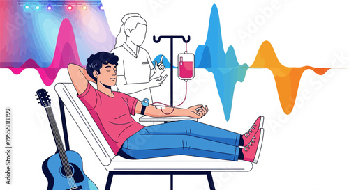 Man donating blood to music therapy, sound waves, nurse, guitar, concert lights