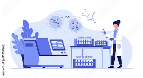 Biotechnology Lab: Scientist with PCR machine, test tubes, and molecular models