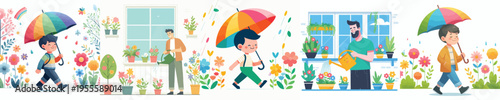 vector of little boy walking with umbrella in spring