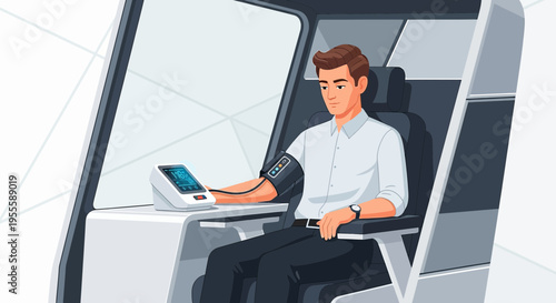 Man in futuristic cabin checks blood pressure on digital monitor, health technology concept