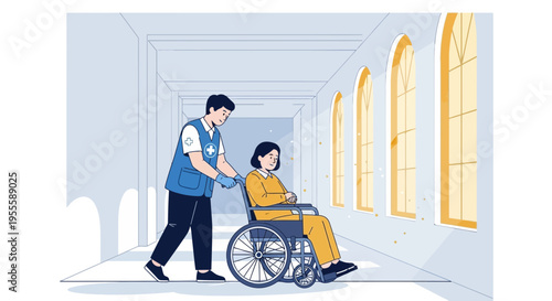 Caregiver pushing elderly woman in wheelchair down hospital corridor with arched windows