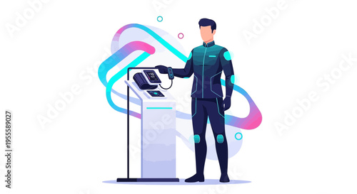 Man in futuristic suit interacts with advanced technology interface