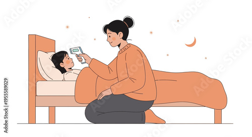 Caring mother checks child's temperature with thermometer at night, bedtime fever check