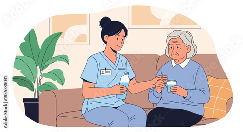Caring nurse gives water to elderly woman on sofa, home healthcare, support, kindness
