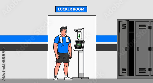 Man in Gym Locker Room Using Hand Sanitizer Dispenser Before Entering