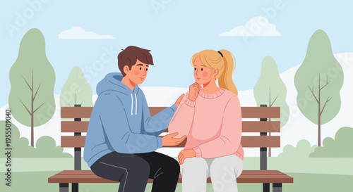 Caring friend comforts upset woman on park bench, offering support and empathy