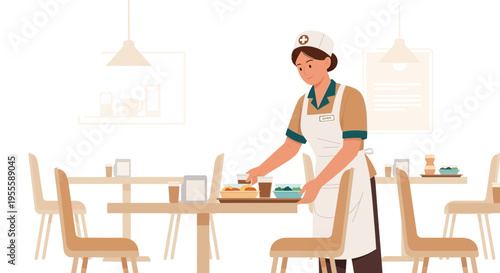 Catering worker arranging food on table in cafe, preparing for customers
