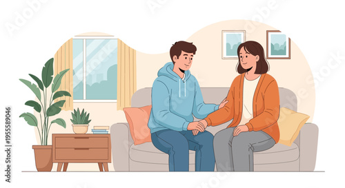 Caring son comforts mother on sofa, holding hands in living room, support and empathy