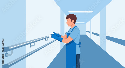 Cleaner in blue gloves sanitizing handrail in hospital corridor