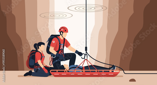 Cave Rescue Team Ascending Injured Person Using Rope System in Underground Cavern