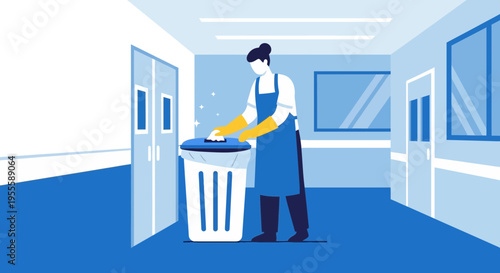 Cleaner in uniform sanitizing trash can in hospital corridor, hygiene concept