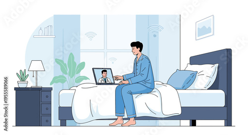 Man in pajamas video calling on laptop in bed, remote work and online communication concept
