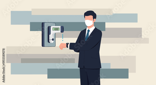 Man in suit and mask gets temperature checked by infrared thermometer at work