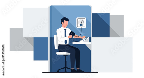 Man in suit checking blood pressure with digital monitor in medical office, health checkup