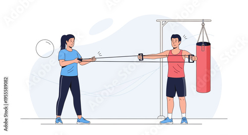 Couple doing resistance band workout together, fitness training at home or gym