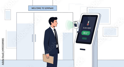 Man in Suit Scans Temperature at Seminar Entrance with Infrared Thermometer Kiosk