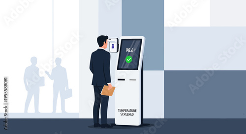 Man in suit uses contactless temperature scanner at office entrance for health screening