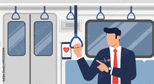 Man in suit on subway holding phone showing heart rate, smartwatch displays ECG