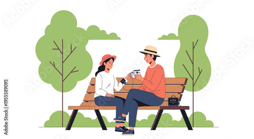 Couple Sitting on Park Bench Sharing a Drink and Talking on a Sunny Day