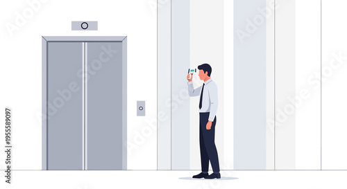 Man in suit uses smartphone to call elevator, modern office building interior