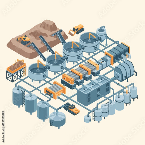 Isometric Gold Mining and Processing Plant Illustration.