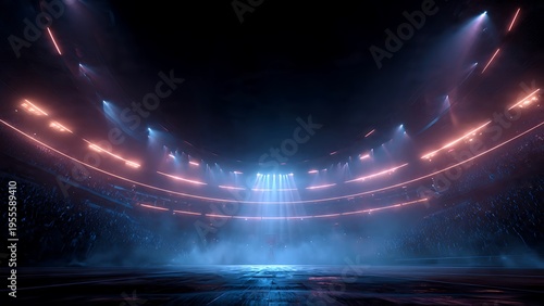 A futuristic basketball arena glows brightly with neon lights in a dark environment for a high-energy sports event.