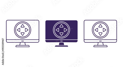 Three computer monitors displaying a digital directional pad icon with one screen highlighted in purple for emphasis