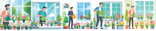 vector of man taking care of flowers on window in spring