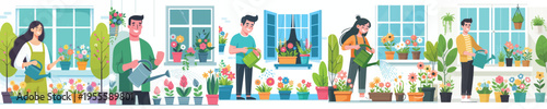 vector of young taking care of flowers on window in spring