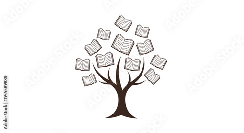 Illustration depicting the growth of knowledge, symbolized by books blossoming on a tree