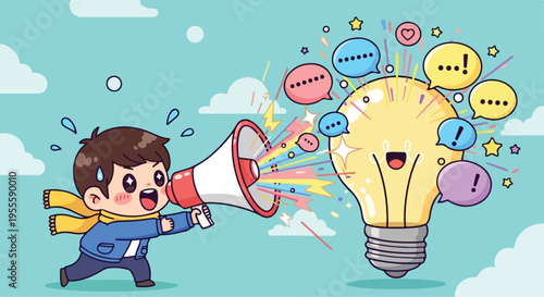 Cartoon boy in superhero costume holding megaphone next to lightbulb with speech bubbles against blue sky with clouds.