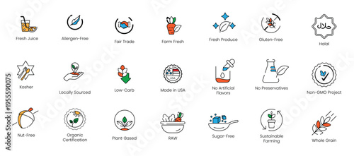 Halal, gluten-free, sugar-free and organic food diet vector line icon set