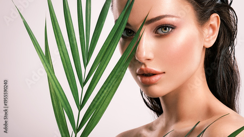 Young beautiful woman with green leaves near face. Skin care beauty treatments concept.  Closeup girl's face with green leave.