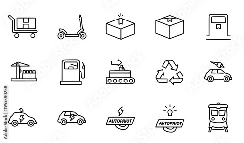 Thin line transport and logistics icon set with cargo trolley electric car train and shipment outline vector collection