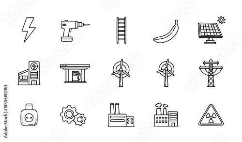 Thin line industrial and energy banner icons with solar wind power drill and hazard symbols outline vector collection