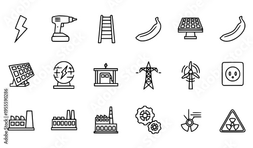 Thin line energy and industrial icon set with solar panel wind power drill and safety symbols outline vector collection
