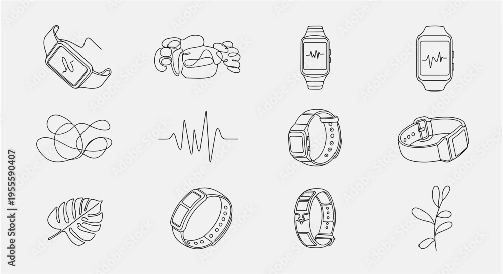 Fototapeta premium Continuous line art collection of smartwatches, fitness trackers, and nature elements