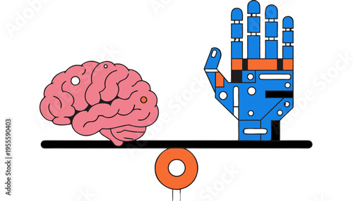 Human Brain and Robotic Circuit Hand Balancing on Seesaw Representing Artificial Intelligence and Human Collaboration Synergy on Transparent Background