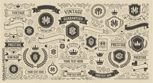 Collection of vintage emblems, badges, ribbons, and decorative elements in retro style
