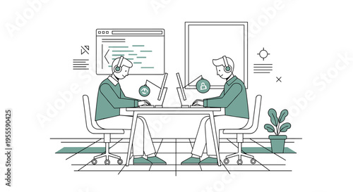 Two programmers working together at a desk with computers and code on screen